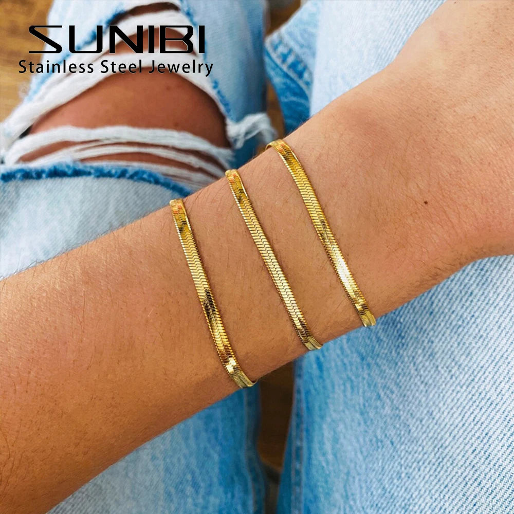 SUNIBI Klassisches Schlangenkette-Armband aus Edelstahl für Frauen Goldfarben Breite 2/3/4/5mm Kettenarmband Damen Schmuck Großhandel