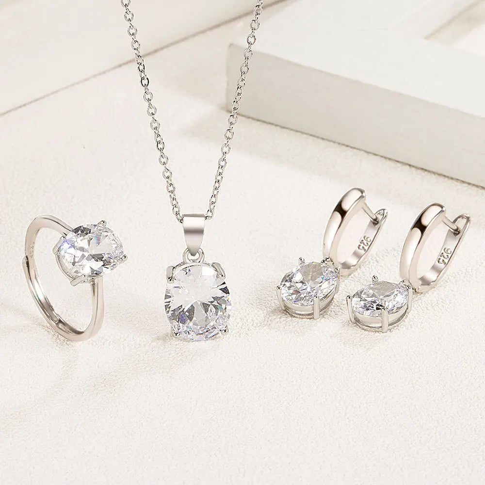 925 Sterlingsilber Elegante Damen Schmucksets Ellipse Zirkon Ring Halskette Ohrringe Accessoires Juwellery Argent 925