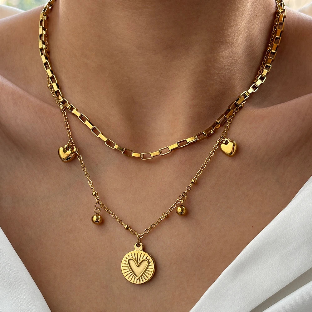 woiwoi Stainless Steel Necklace Luxury Exquisite Peach Heart Double Layer Bone Chain Ladies Jewelry Birthday Anniversary Gift