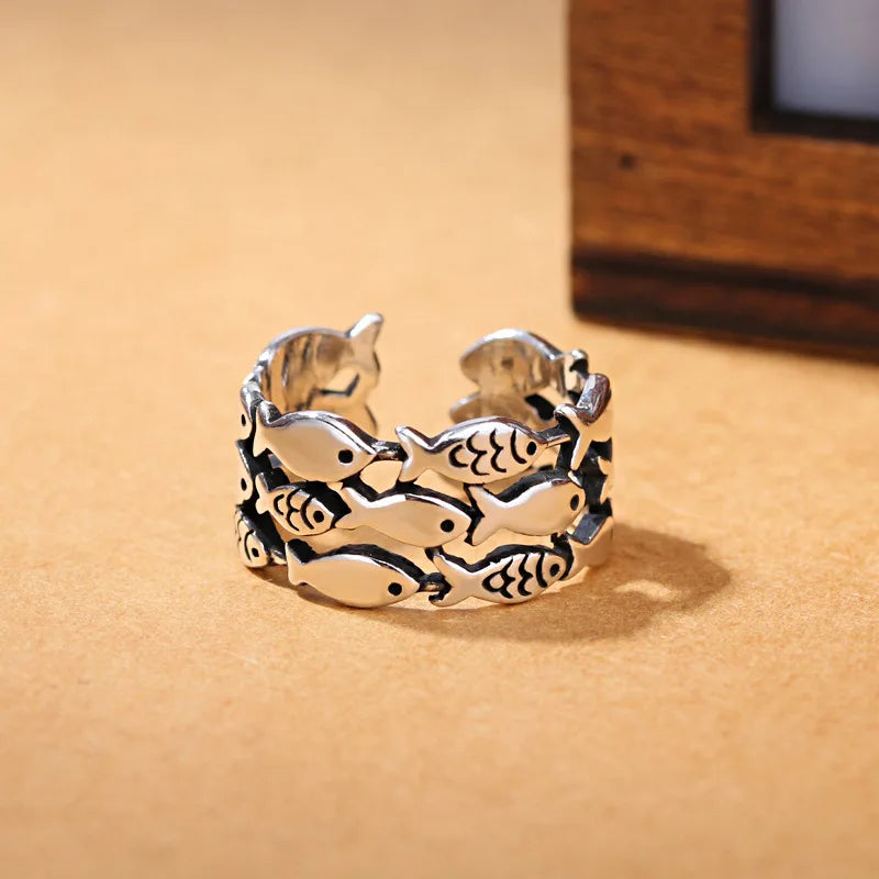 Anillos ajustables de plata de ley 925 con tres capas de pez para mujer, compromiso, boda, accesorios de joyería vintage