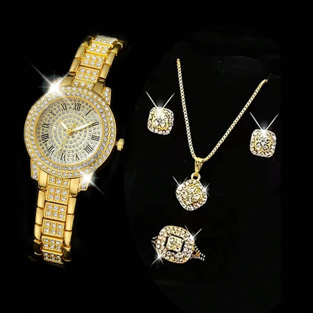 Luxus Damen Gold Uhr Mode Damen Quarz Diamant Armbanduhr Elegante weibliche Armbanduhr Set Reloj Mujer