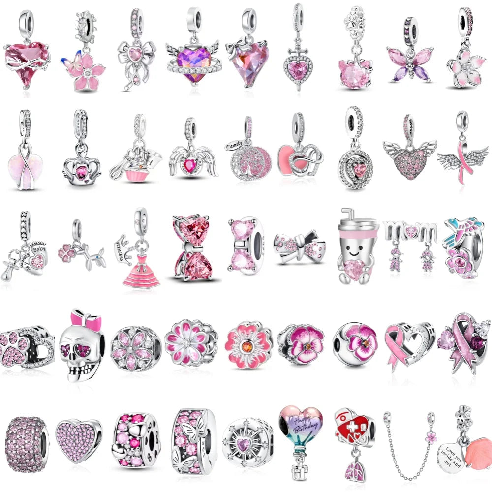 2026 Frühlings-Pink-Serie Ballon Schmetterling Blumen-Anhänger passend für S925 Europäische 925 Sterling Silber Armband Armreifen Halskette