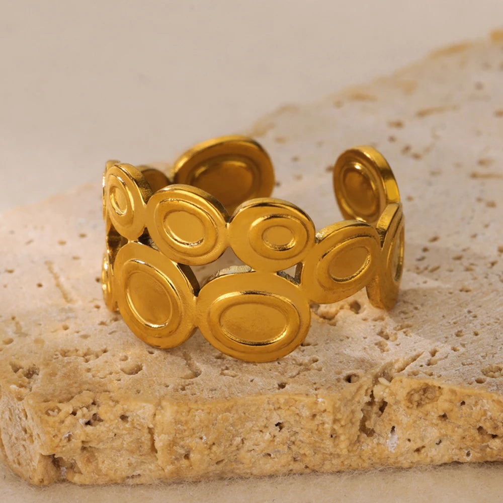 Goldfarbene Edelstahl Geometrische Ringe für Frauen Zirkon Herz Sonne Mond Offener Ring Mode Ästhetischer Schmuck Hochzeitsgeschenk