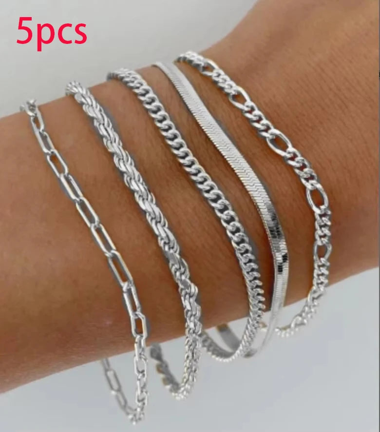 5/15-teiliges Set silberfarbene Kettenperlenarmbänder für Frauen Schlichter, eleganter Urlaub, Strandparty, Freizeit-Schmuck, vielseitig, für den Alltag