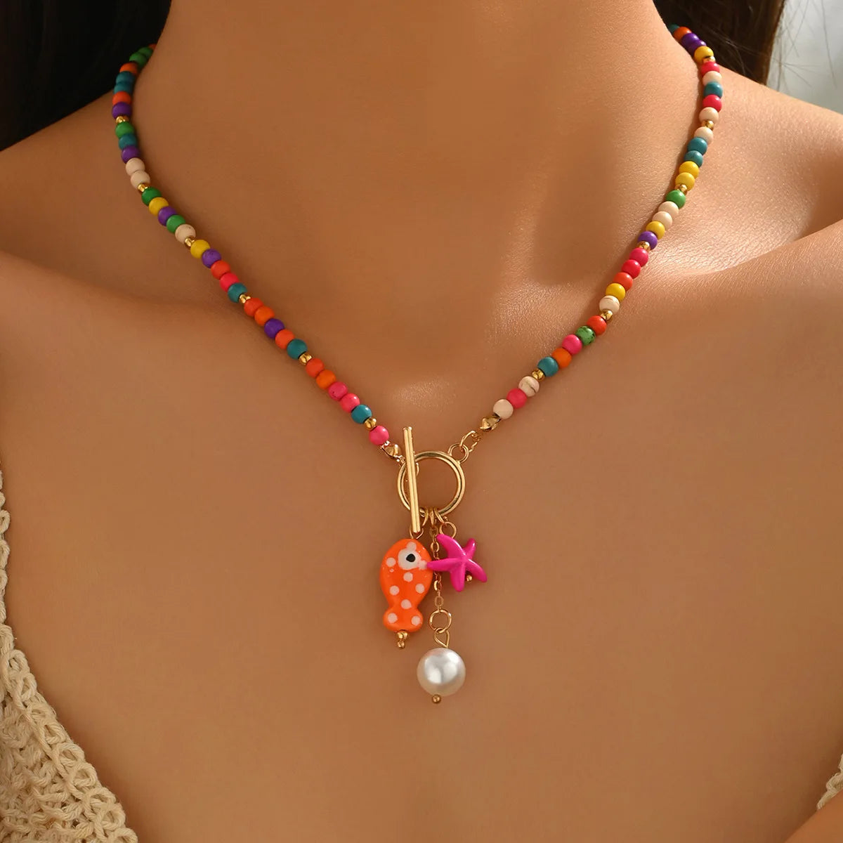 Bohemian Sea-Inspired Ceramic Fish & Starfish Pendant Necklace with 4mm Synthetic Turquoise Beads, Lightweight Beach Jewelry