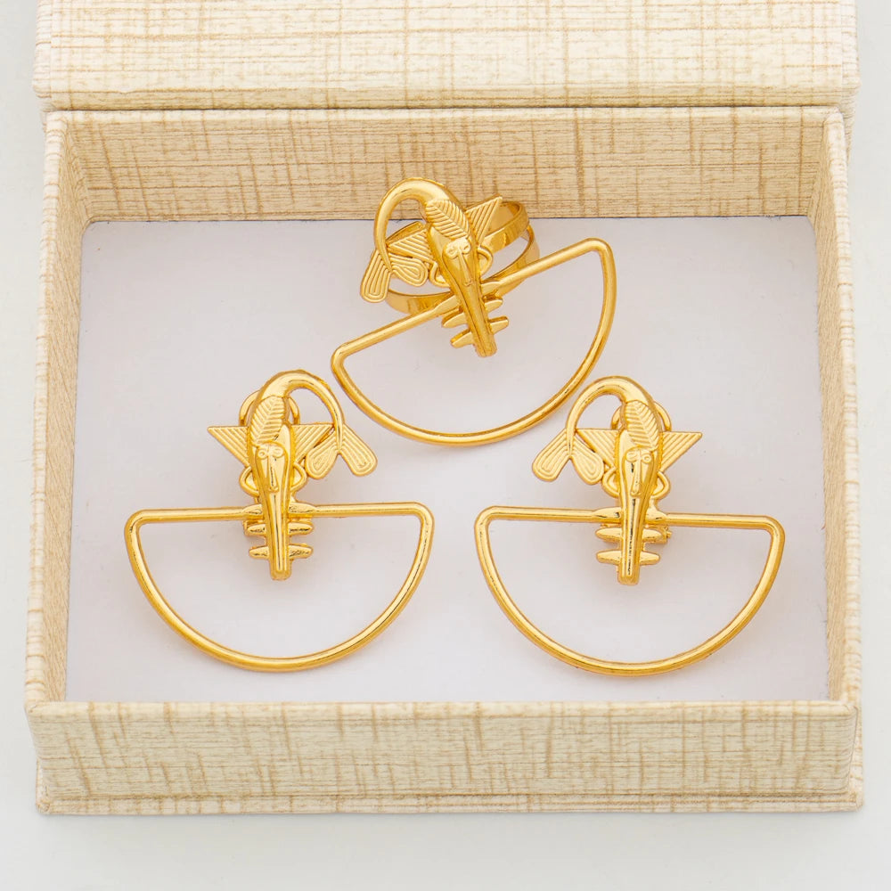 Ohrringe mit Ring Schmuckset für Afrikanische 18k Goldfarbe Clip Ohrringe Fingerring 2tlg. Set mit Geschenkbox Luxus Schmuck Braut
