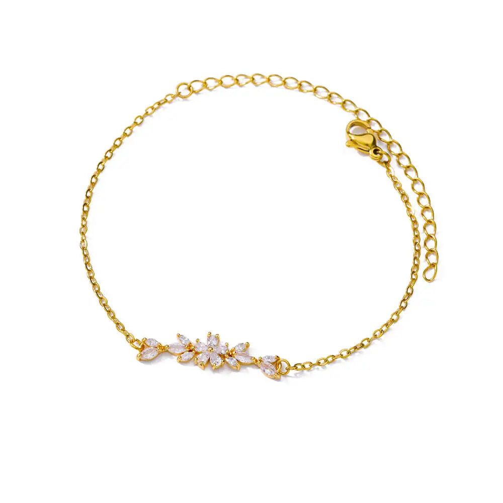 Elegantes Zirkon-Blumenarmband für Damen, Mädchen, Charm, goldfarben, Edelstahl, Pflanzenarmbänder, Luxus-Designer-Schmuckgeschenke