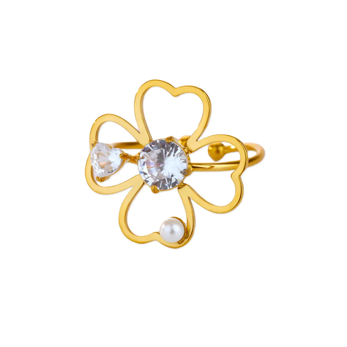 Edelstahl Vierblättriges Kleeblatt Ringe für Frauen Goldfarbe Zirkon Öffnung Paar Ring Ästhetischer Hochzeit Bohème Schmuck Geschenk