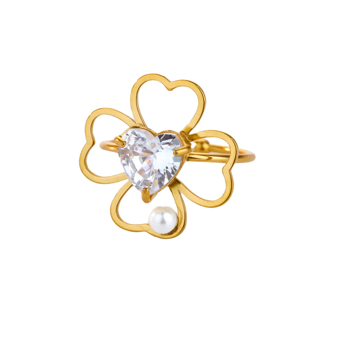 Edelstahl Vierblättriges Kleeblatt Ringe für Frauen Goldfarbe Zirkon Öffnung Paar Ring Ästhetischer Hochzeit Bohème Schmuck Geschenk