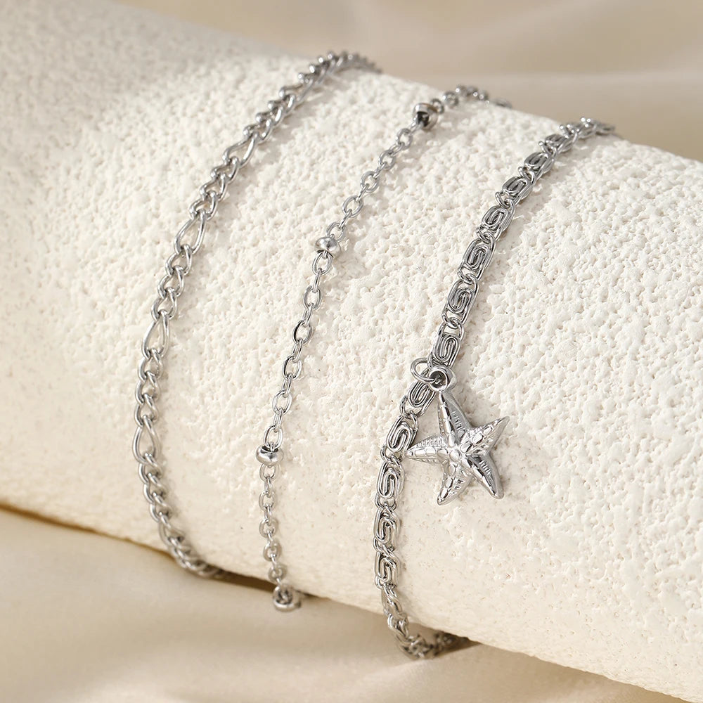 woiwoi Stainless Steel Anklet Starfish Triple Stacking Chain Light Luxury Fashion Elegant Ladies Anklet Jewelry Party  Match