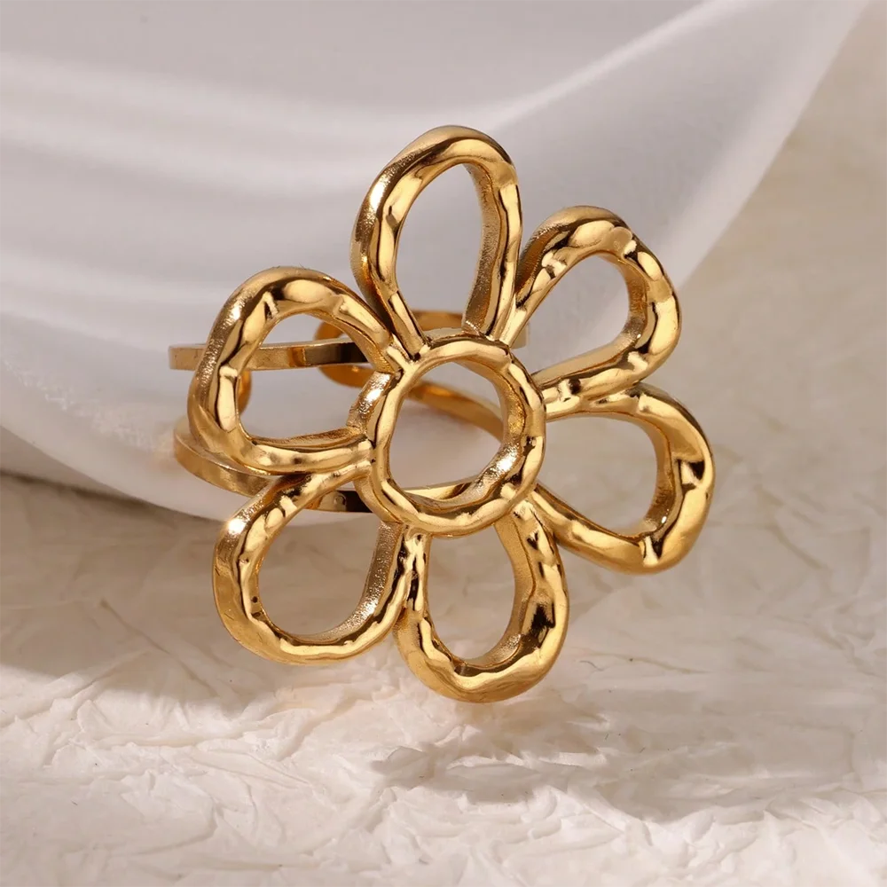 Elegante Edelstahl Big Bloom Blumenringe für Frauen Goldfarbe Sonne Seestern Offener Ring Fingerschmuck Hochzeit Ihr Geschenk Punk