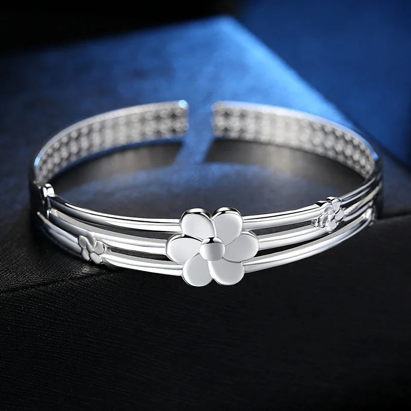 925 Sterling Silber Blumen Offener Armreif Handarmbänder Für Frauen Luxuriöser Schmuck