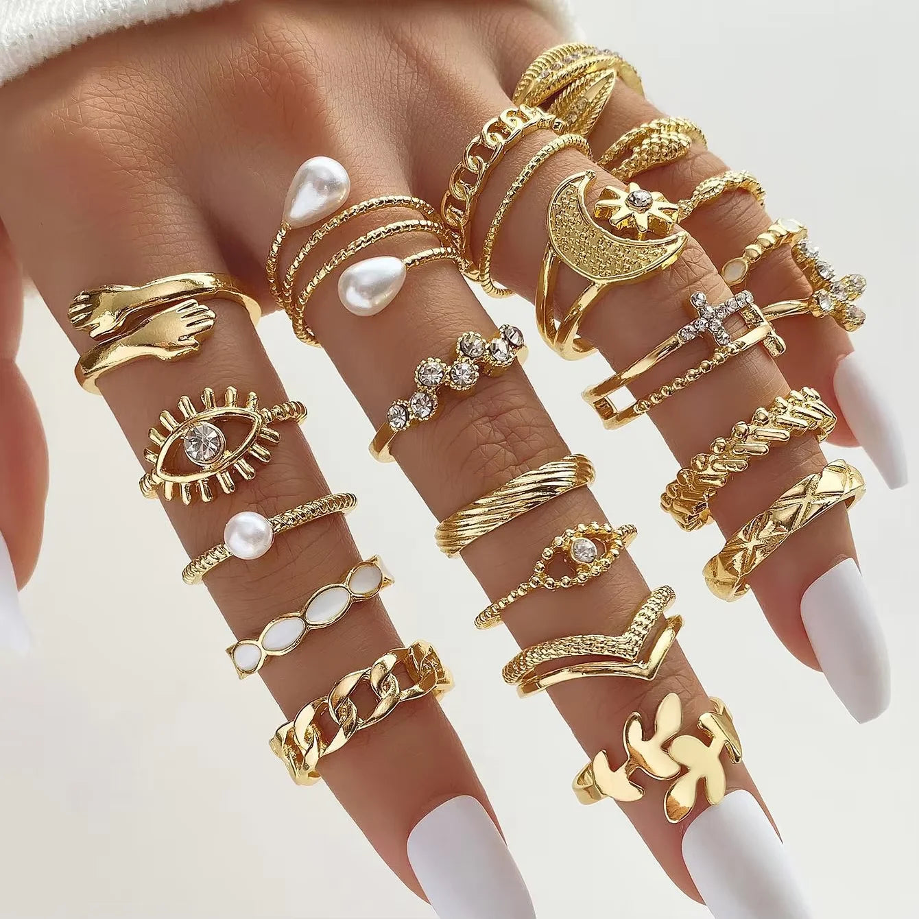Vintage Elegantes 66-teiliges Modeschmuckring-Set Goldfarben Perle Geometrische Ringe Design für Damen Alltag Party Schmuck Geschenke 2024