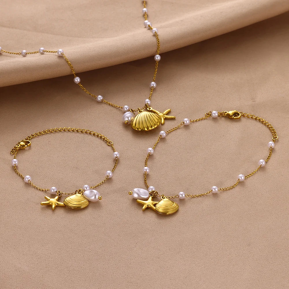 Freshwater Pearl Jewelry Set Shell Starfish Star Necklace Anklet Sets For Women Fashion Stainless Steel Chain Party Daily Gifts