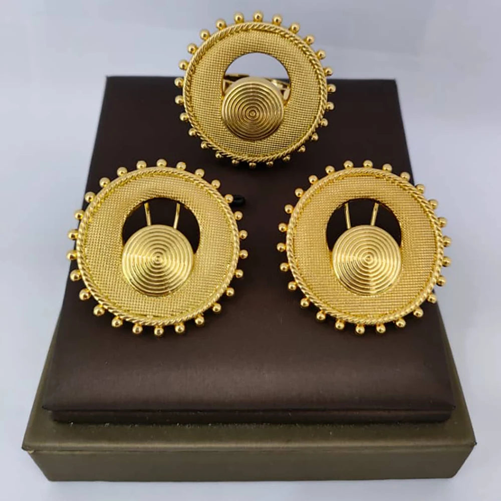 Dubai Goldfarbene Ohrringe mit Ring-Set für Braut, Damenmode, Ohrclip und Fingerring, 2-teiliges Set für Verlobung, afrikanisch, Alltag