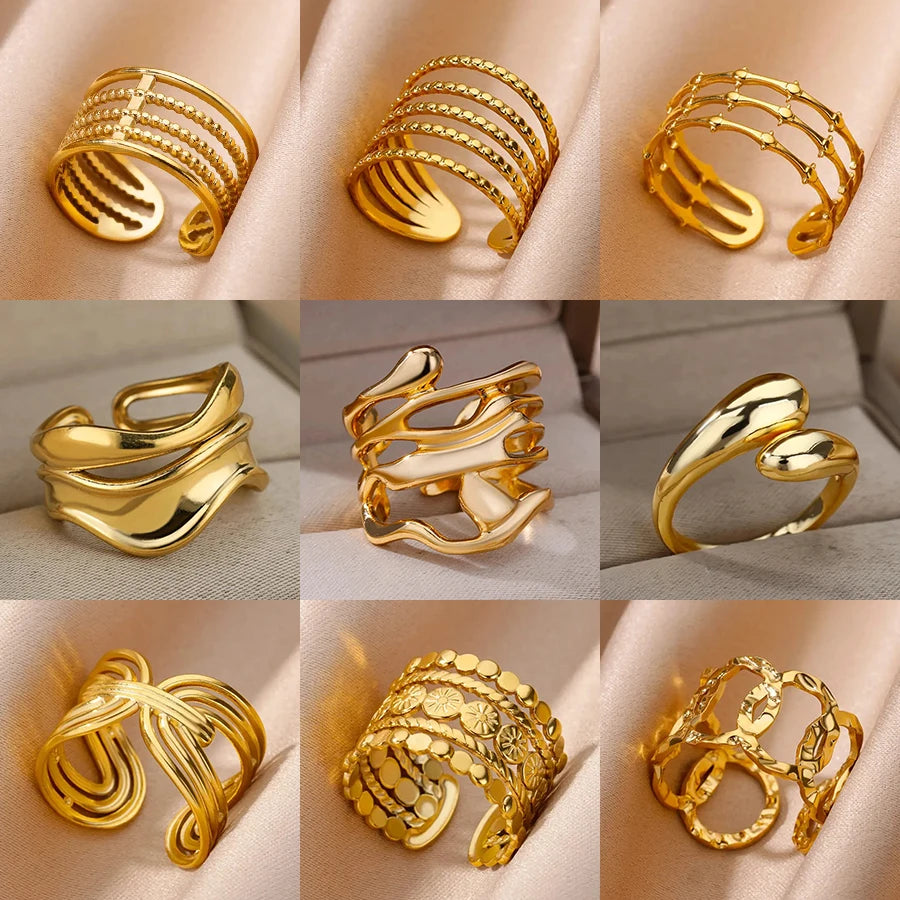 Goldfarbener Edelstahl Mehrschicht-Ringe für Damen, hohler offener Fingerring, Mode Hochzeitsfeier Schmuck Geschenk 2024 Neu