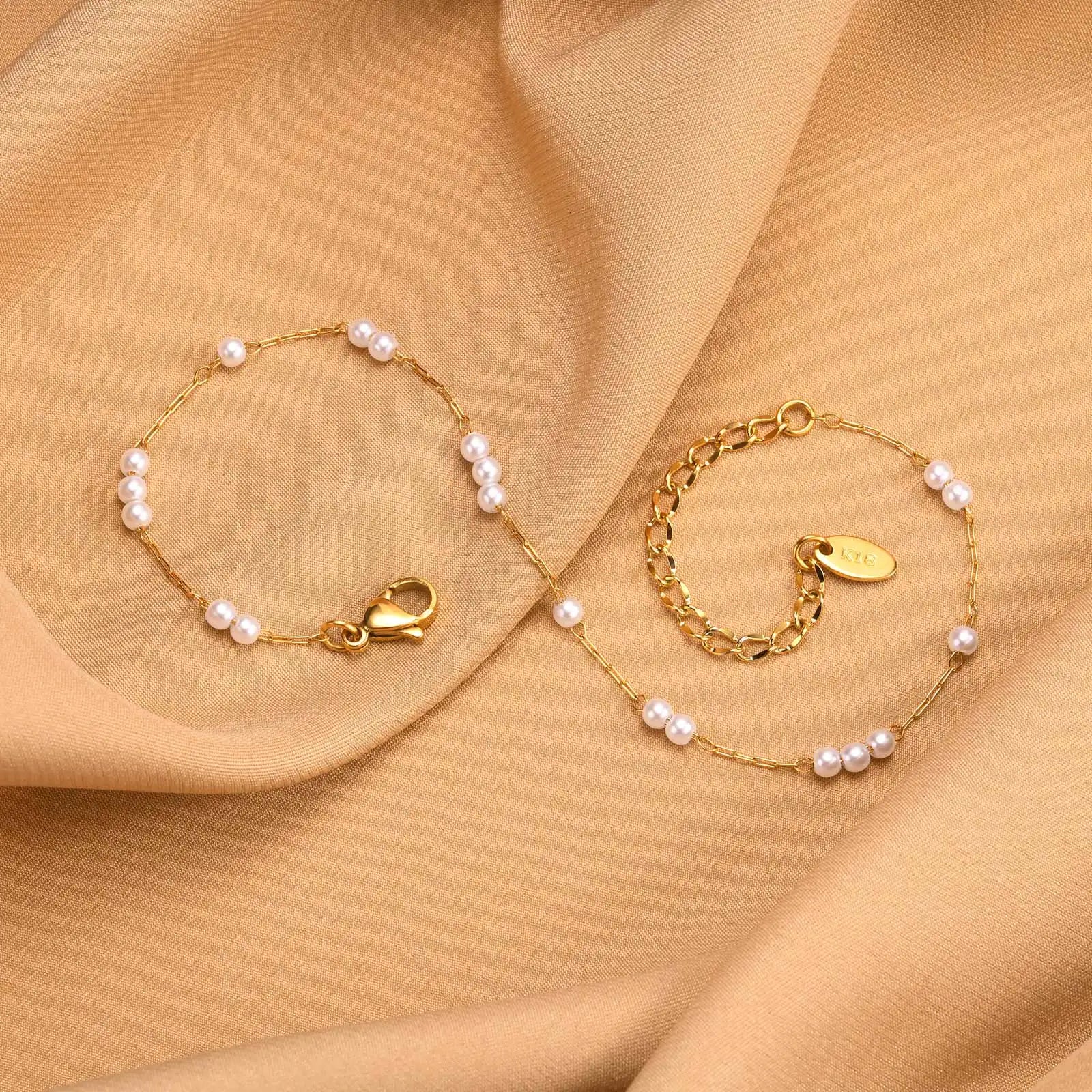 Edelstahl-Perlen-Fußkettchen für Frauen, 18k vergoldete Fußkette, verstellbare, stapelbare Armbänder als Beinschmuck