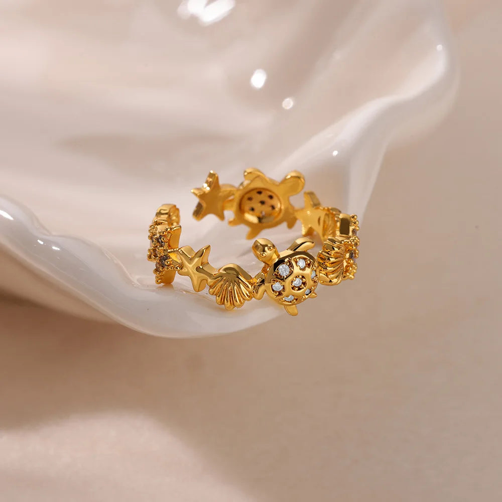 Grüne Zirkon Seepferdchen Ringe für Frauen Ozean Muschel Seestern Schildkröte Edelstahl Goldfarben Fingerring Sommer Strand Schmuck
