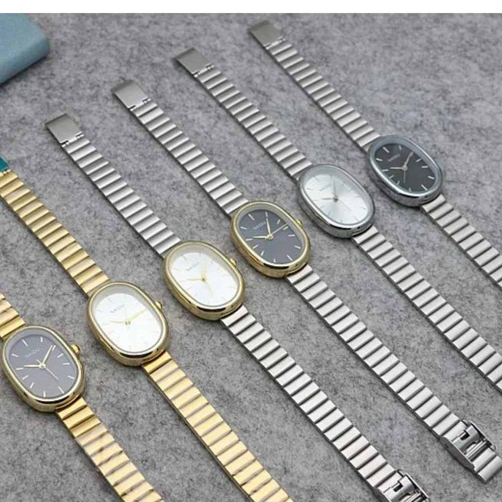 Reloj de cuarzo para mujer con esfera ovalada pequeña, correa de bambú de acero inoxidable, para niña, estudiante, ocio, moda, lujo, regalo, venta al por mayor