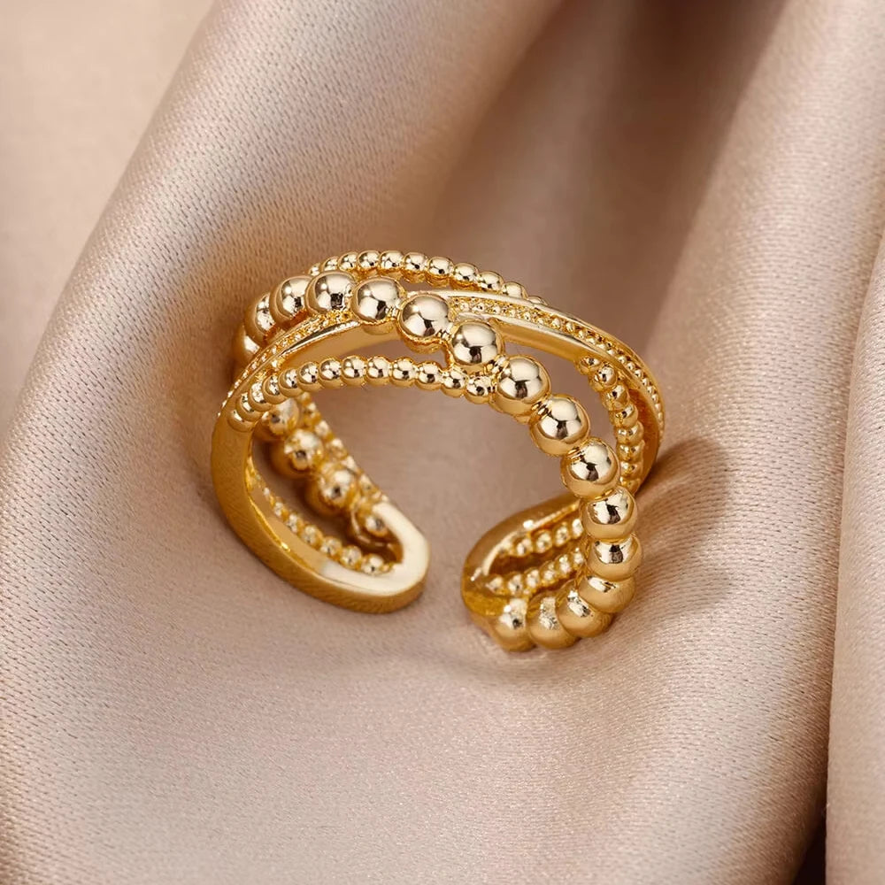 316L Edelstahlringe für Frauen Goldfarben Mehrlagiger Geometrischer Offener Ring Vintage Wasserdichter Hochzeit Ästhetischer Schmuck Geschenke