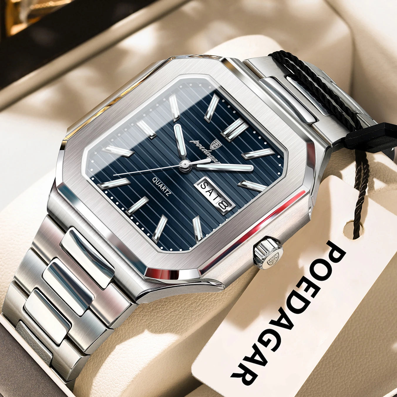 POEDAGAR Reloj de Pulsera Cuadrado de Moda para Hombre, Impermeable, Luminoso, Fecha, Semana, Cuarzo, para Hombre, Reloj de Lujo de Acero Inoxidable para Hombre, Reloj