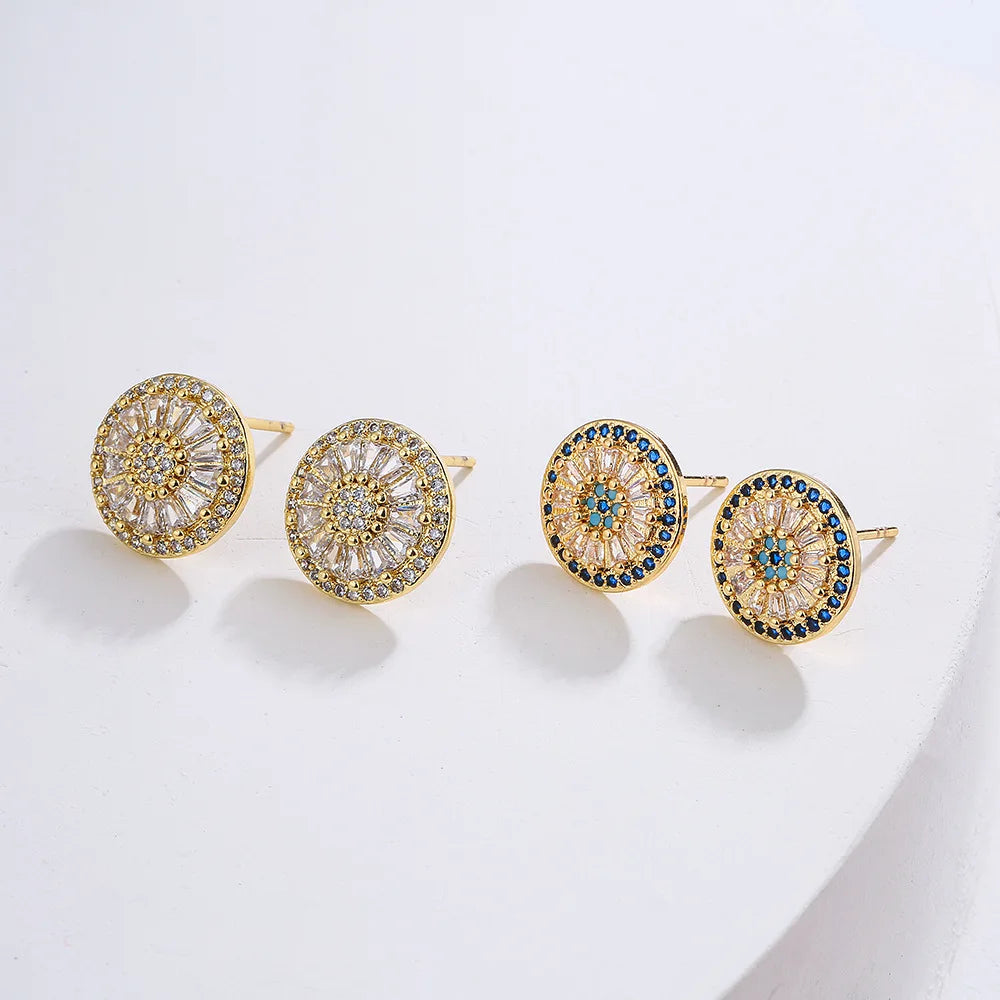 NEWBUY Luxuriöse AAA Zirkonia-Pflasterfassung Kupfer Schmuck Goldfarbe Runde Ohrstecker für Frauen Mädchen