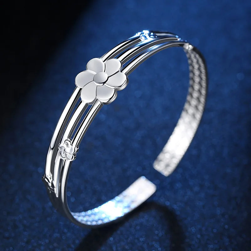925 Sterling Silber Blumen Offener Armreif Handarmbänder Für Frauen Luxuriöser Schmuck