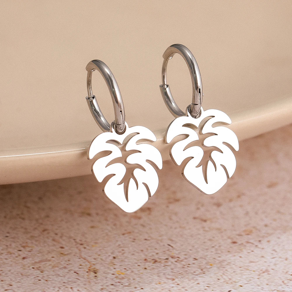 Edelstahl Ohrringe Bohemian Tropische Pflanzen Blätter Anhänger Retro Glänzende Ästhetische Creolen Für Frauen Schmuck Mädchen Neu