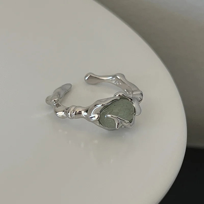925 Sterling Silber vergoldeter Flüssiger Lava Hetian Jade Bambus Ring für Frauen Mädchen Geschenk Unregelmäßiger Vintage Schmuck Dropshipping