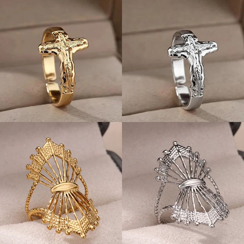 Vintage Jesus Kreuzringe für Damen Herren Goldfarbe Edelstahl Jesus Kreuz Verstellbarer Ring Religiöser Party Schmuck Geschenk