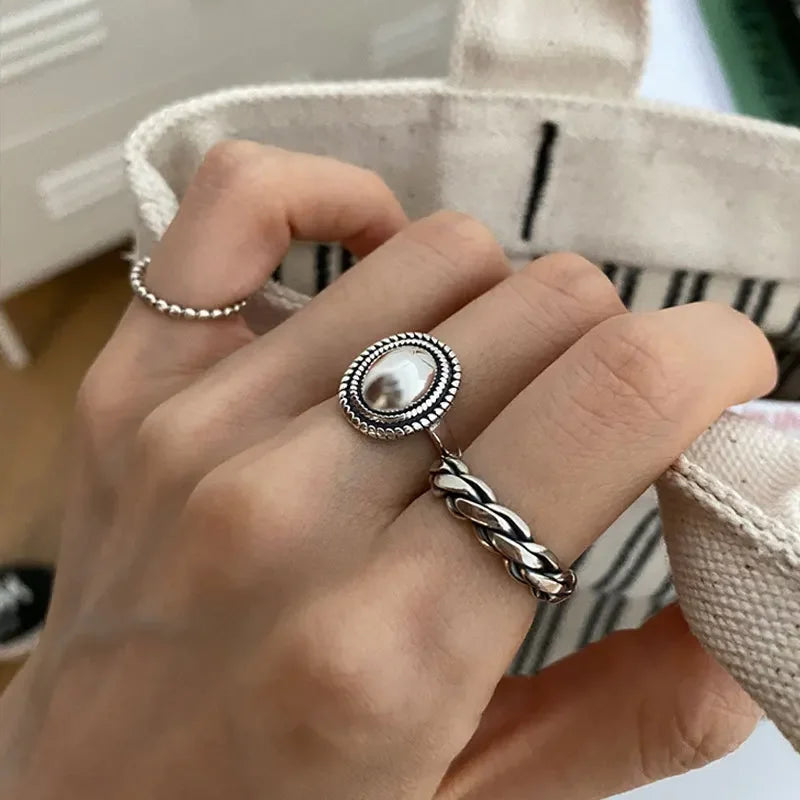 Anillos de plata de ley 925, accesorios para parejas, diseño trenzado vintage a la moda, forma redonda geométrica, joyería de plata tailandesa