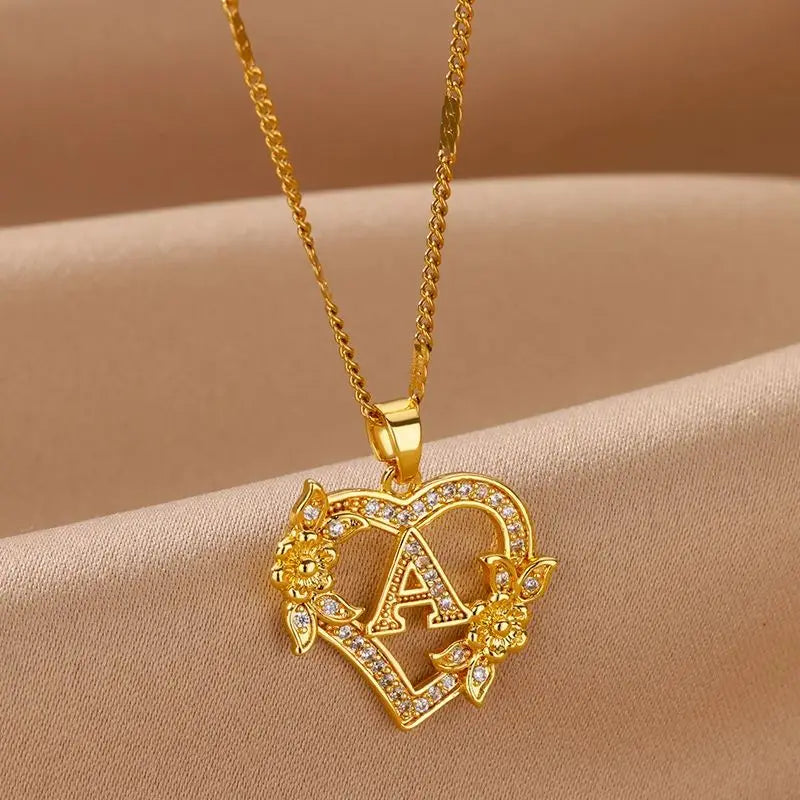 Zircon Flower Initials Necklaces For Women Stainless Steel Heart Gold Color Letter Chain Collar 2025 New Trend Wedding Jewelry