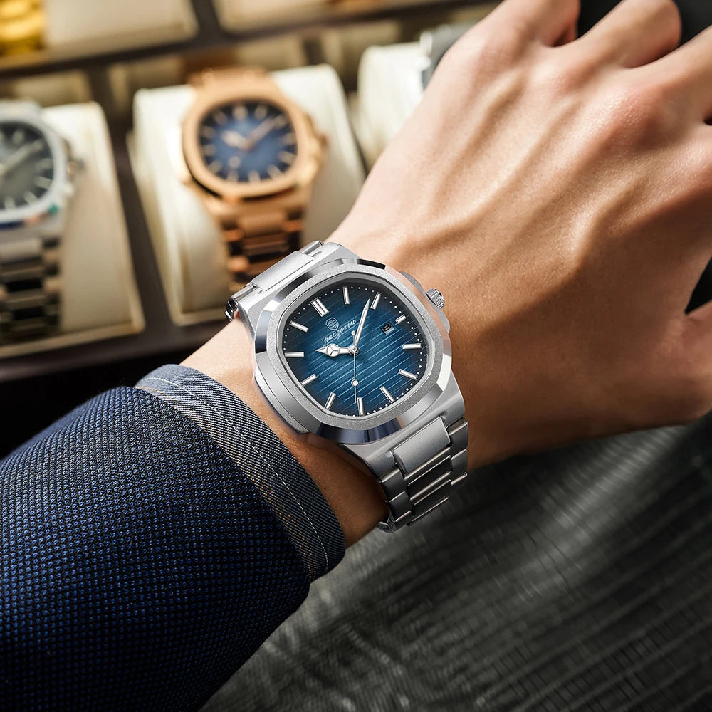 PAAZOMU Reloj de lujo empresarial de 50 ATM, resistente al agua, para hombre, reloj luminoso, fecha, acero inoxidable, cuarzo cuadrado, relojes de hombre, reloj hombre