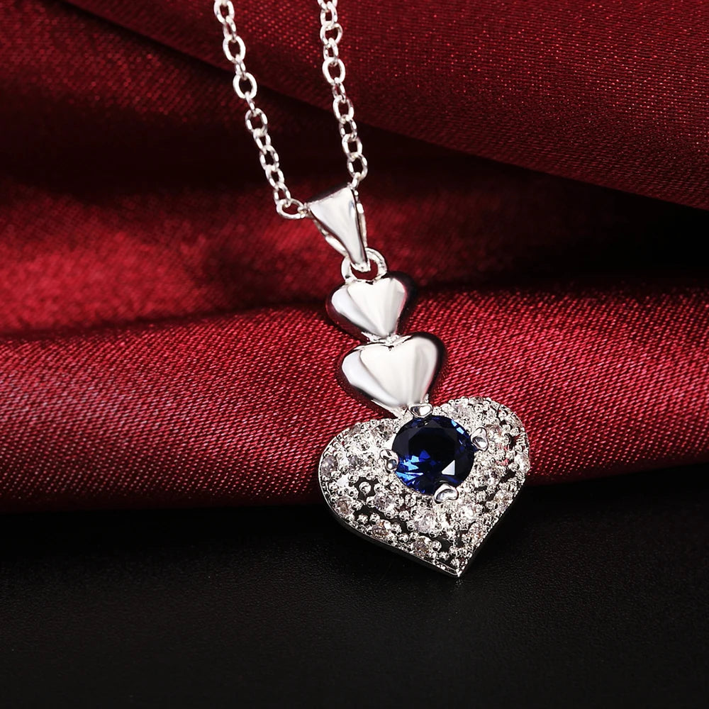 Juego de joyas de collar y pendientes de plata de ley 925 con corazón de cristal azul Noble caliente para mujer, regalo clásico, a la moda, elegante, para fiesta