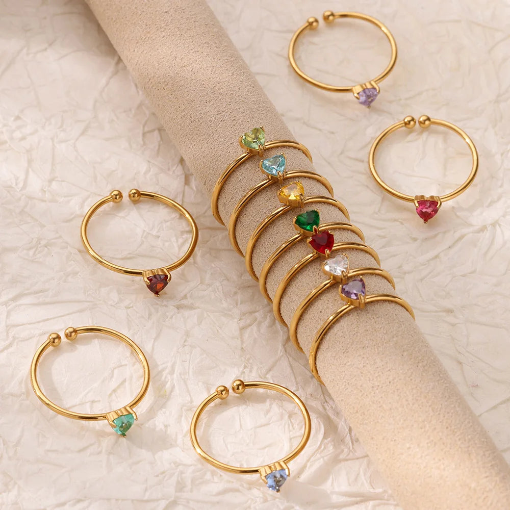 2025 Geburt Bunte Zirkonia Herz Öffnungsringe für Frauen Mode Zierliche Edelstahl Prinzessin Ring Schmuck Hochzeit Geschenk