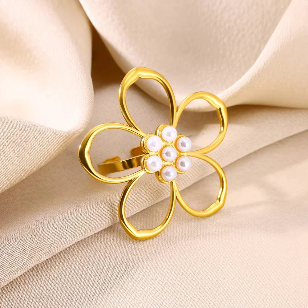 Stainless Steel Flower Big Open Rings For Women Gold Color Imitation Pearl Hollow Out Ring Trendy Aesthetic Jewerly Gifts