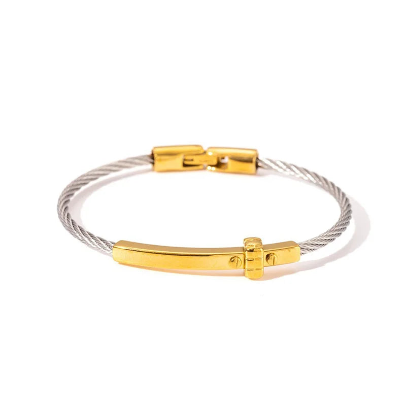 1x Edelstahl vergoldet Armreif Trendiger Retro Hip-Hop Stil Armband Fried Dough Twists Stahldrahtseil Farbfester Armreif