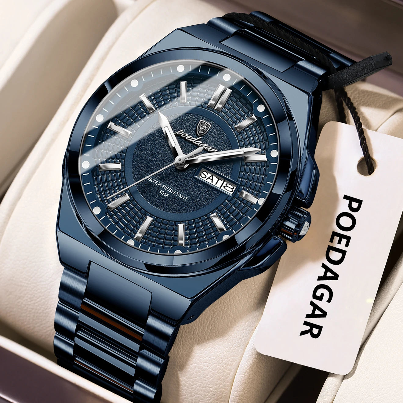 POEDAGAR Top Original Relojes de Hombre Acero Inoxidable Impermeable Luminoso Reloj de Hombre Fecha Semana Clásico de Moda Reloj de Pulsera de Cuarzo para Hombre