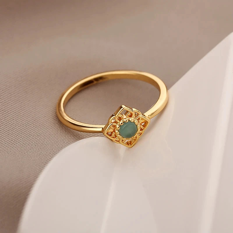Edelstahl Lotusblumenring für Frauen, goldfarben, Vintage-Stein, Opal, ovaler Blumenring, modischer ästhetischer Schmuck, Geschenk