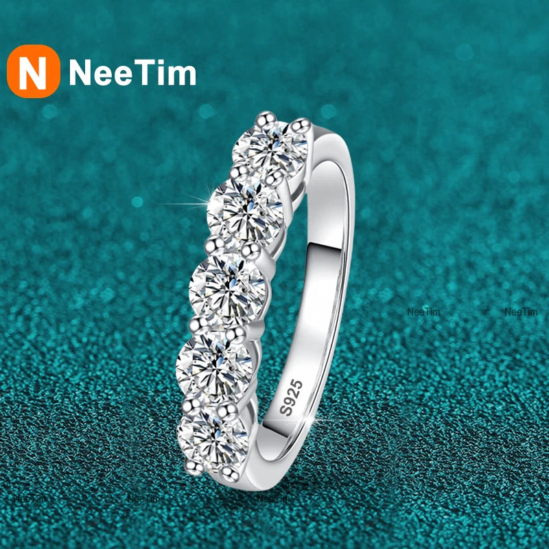 NeeTim Full 4mm Moissanit Ring für Frauen 5 Steine Diamant Ehering Braut S925 Sterlingsilber mit Weißgold plattierten Ringen