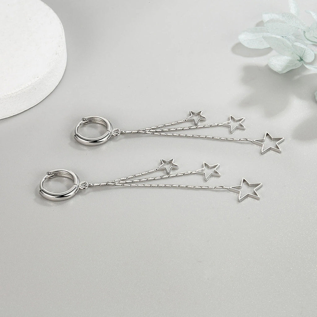 Elegante beliebte Drei-Sterne-Creolen für Damen, 925er Sterlingsilber, Party-Schmuck, wunderschöne lange Quastenohrringe, elegant