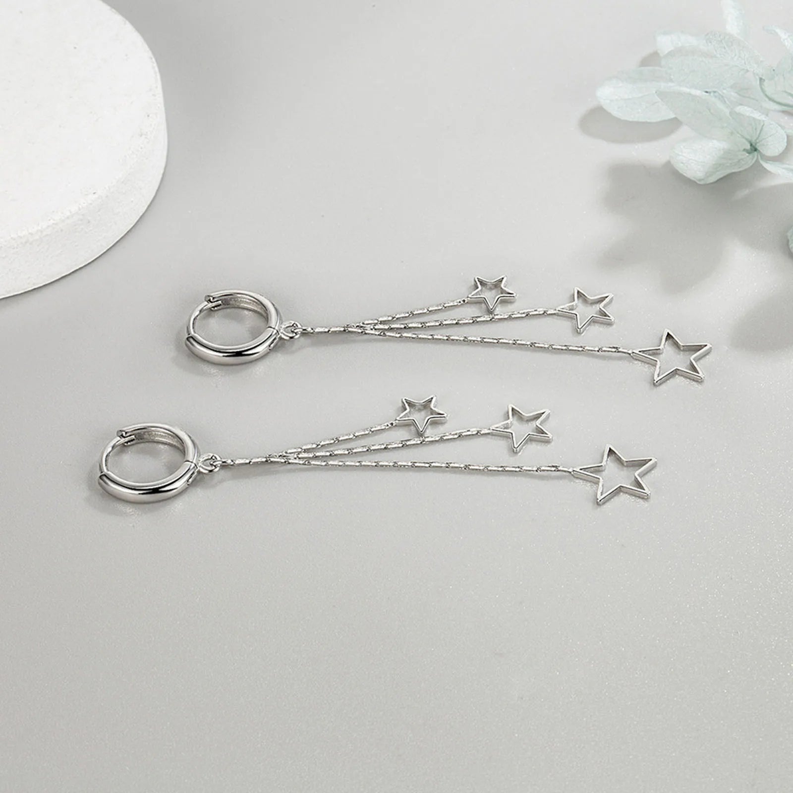 Pendientes de aro elegantes y populares de tres estrellas para mujer, de plata de ley 925, joyería de fiesta, pendientes largos de borla, elegantes