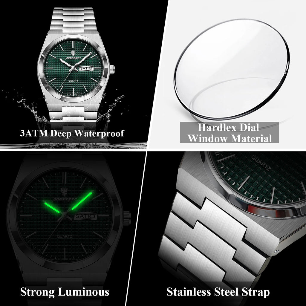 POEDAGAR Reloj de lujo original para hombre, resistente al agua, acero inoxidable, luminoso, de pulsera, con fecha y semana, de cuarzo, relojes de moda para hombre