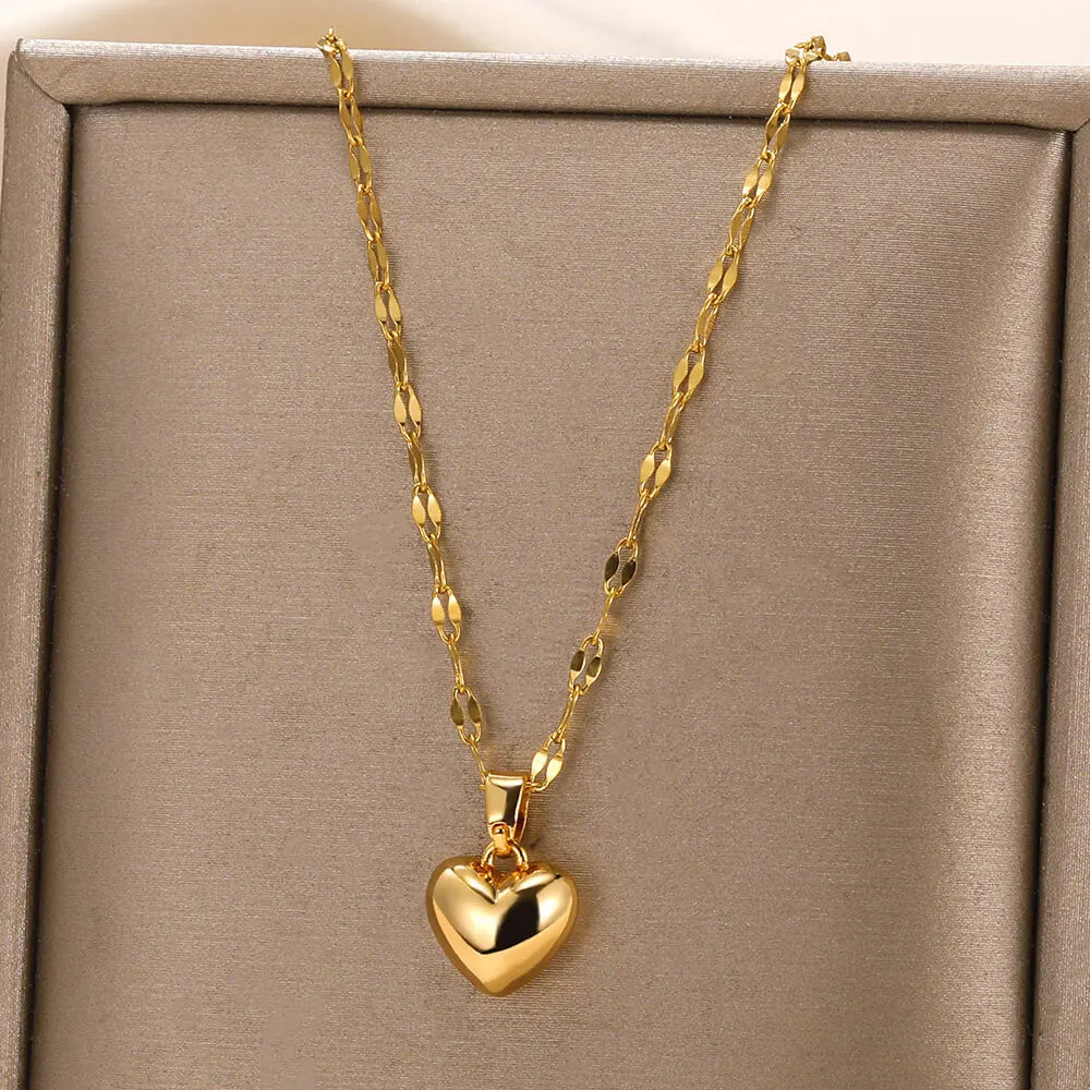 Collares Plisados de Acero Inoxidable con Colgante de Corazón de Moda para Mujer, Collar con Colgante Estético de Color Dorado de Moda, Joyería Accesorio