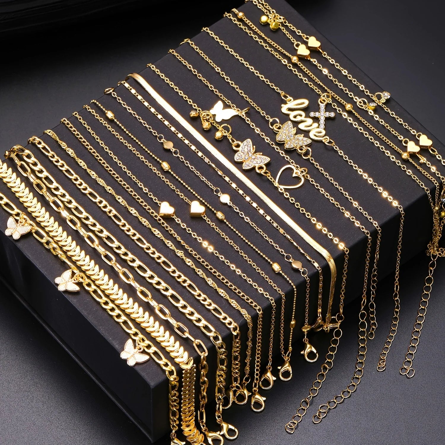 18-teiliges böhmisches Sommer-Strand-Fußkettchen-Set für Frauen, Vintage Schmetterling Herz Kristall Anhänger Fußarmbänder, Mode Schmuck Geschenk Neu