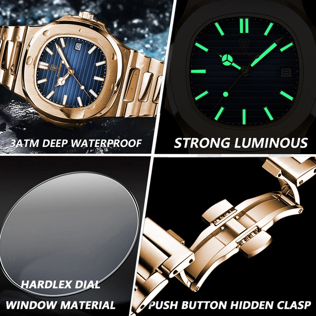 POEDAGAR Reloj de Cuarzo Cuadrado de Moda para Hombre, Impermeable, Luminoso, con Fecha, de Acero Inoxidable, Reloj de Hombre de Negocios de Lujo