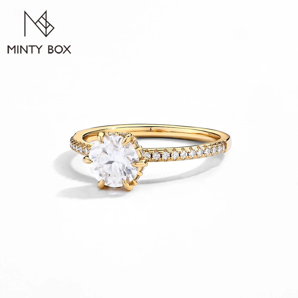 MINTYBOX 18K Gelbgold D Moissanit Ringe für Damen Handgefertigt 6,5mm S925 Silber Runder Verlobungsring Geschenk Edler Schmuck
