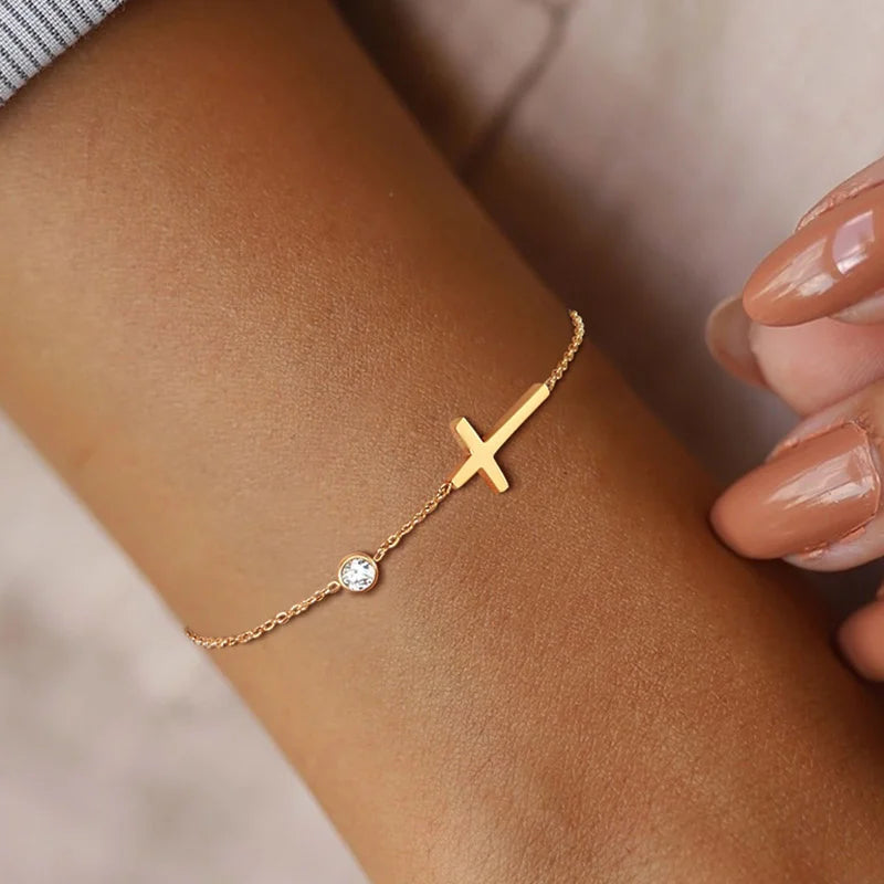 Geburtsstein Zirkonia dünnes Kettenarmband Kreuz Edelstahl Damen verstellbares geschichtetes Armband