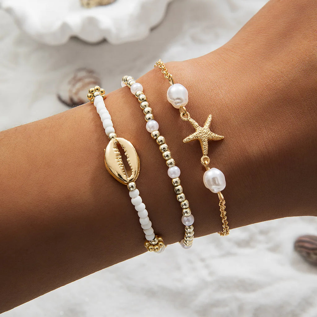 3 Stück Sommer Muschel Armband Set für Frauen Böhmen Seestern Charm Perle Samenperlen Kette Armreif Weiblich Strandurlaub Schmuck Geschenk