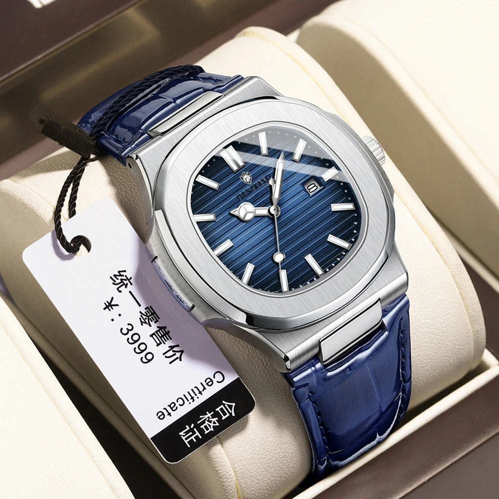 Reloj informal de negocios de cuero azul para hombre, reloj de lujo automático para hombre, relojes de moda para hombre, relojes de cuarzo de pulsera, Montre Homme 2026